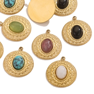 Elegant gold stainless steel oval pendants with vintage textured frames and colorful stones