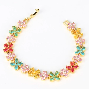 Bracelet trèfle à quatre feuilles coloré avec zircons multicolores sur base dorée