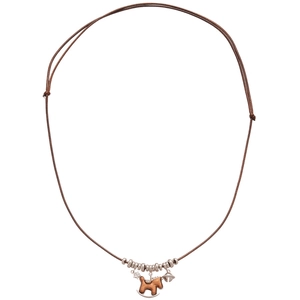 Vintage wooden rocking horse necklace with silver beads and star pendant on brown cord