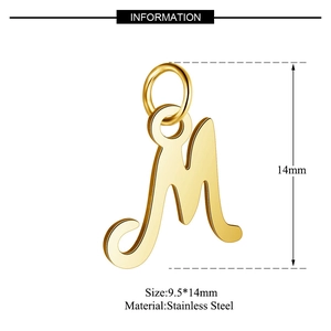 Detailed view of a gold-plated stainless steel letter M pendant with sizing info
