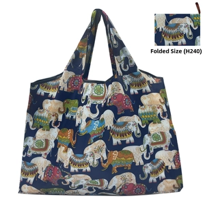 Detail of folding oxford cloth shopping bag with bohemian elephant print and compact storage