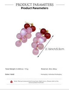 Detail view of purple and red grape cluster earrings with 5.5cm length measurements