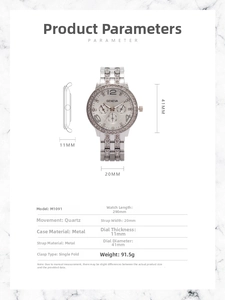 Detailed parameter chart for Geneva rhinestone watch with silver band dimensions