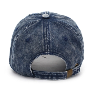Detailed back view of vintage washed dark blue denim baseball cap with adjustable metal buckle