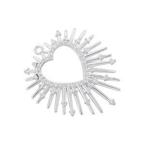 Close-up of heart-shaped hollow pendant with sunburst rays and sparkling zircon inlays