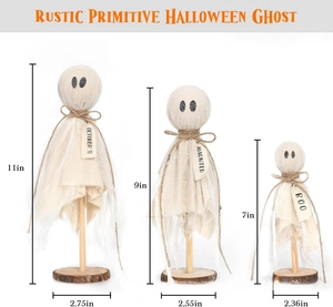 Detailed size view of rustic white ghost decorations with wooden bases for Halloween