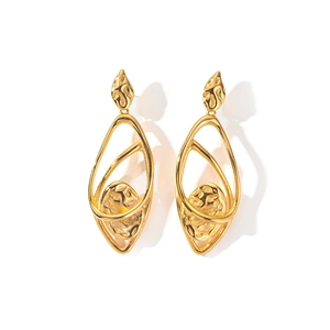 Golden irregular hollow geometric earrings with abstract leaf design and hammered texture