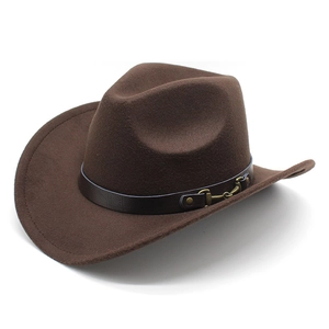 Dark brown wide brim felt cowboy hat with leather belt buckle and classic upturned brim