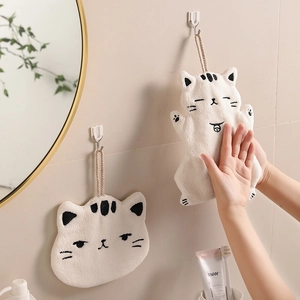 Hanging Hand Towel Cute Cat Shape Coral Fleece Soft Absorbent For Kitchen Bathroom Cartoon Animal Embroidery Quick Drying