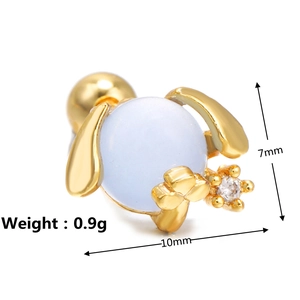 Detailed size view of puppy stud earring with blue sphere and white zircon stone
