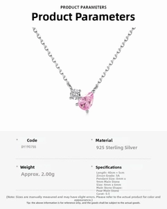 Detail view of S925 sterling silver necklace featuring a pear-cut pink zircon and specifications