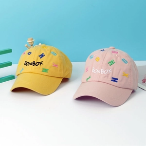 Detail of yellow and pink children baseball caps with colorful BONBOY letter embroidery