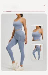 Light blue yoga set featuring high waist leggings with side mesh pocket and sports bra