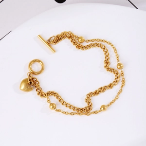 Double-layer golden stainless steel chain bracelet with heart pendant and OT clasp