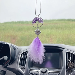 Car rearview mirror hanging with tree of life crystal beads and purple feathers