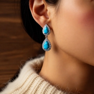 Close-up of model wearing turquoise teardrop earrings with silver frames and blue stones