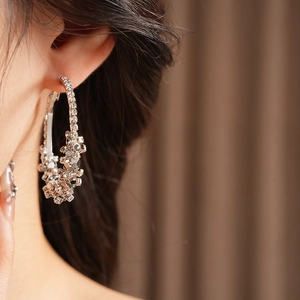 Gros plan de boucles d'oreilles créoles argentées scintillantes sur un mannequin
