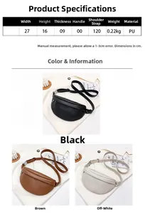 Detailed size chart for minimalist PU crossbody bag showing dimensions and colors