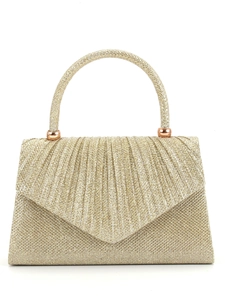 Elegant gold glitter evening clutch bag with top handle and chic envelope flap design.