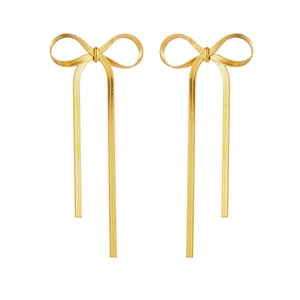 Elegant gold bow earrings with long tassel chain drops in high-quality stainless steel