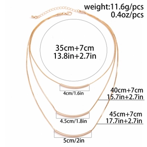 Detailed size chart for golden triple layered necklace with chain lengths and 11.6g weight