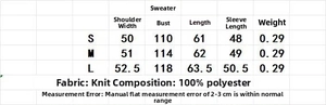Detailed size chart for striped knit polo sweater with measurements for S, M, and L sizes