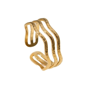 Three-layer wavy 18K gold-plated stainless steel open ring with hammered finish texture
