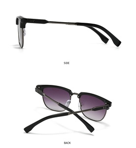 Detail view of semi-rimless sunglasses with purple gradient lenses and metal side temples