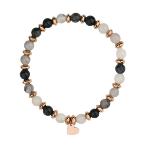Bracciale di pietre naturali grigie e nere con ciondolo a cuore in oro rosa