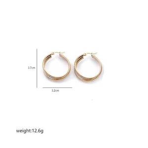 Three-tone layered hoop earrings in gold and silver stainless steel, size 3.7cm by 3.2cm