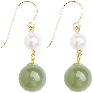 Elegant gold earrings with natural freshwater pearls and green nephrite jade drops