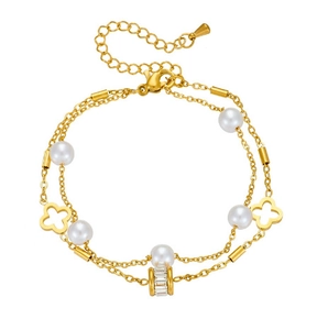 Double-layered gold titanium bracelet with white pearls and clover lucky bead pendants