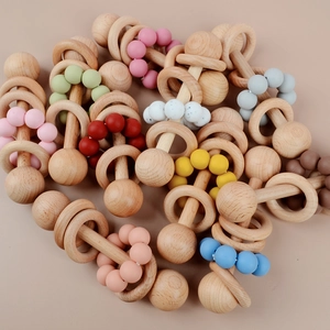 Colorful silicone beads and beech wood rings baby teething rattle toys stack