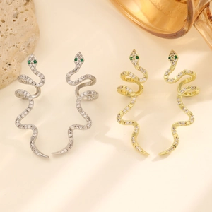 Set di orecchini a serpente punk vintage con strass e occhi verdi in oro e argento