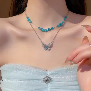 Butterfly Pendant Double Layer Necklace Copper With Zircon And Synthetic Cat's Eye Stone Clavicle Chain Jewelry Women