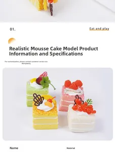 Detailaufnahme künstlicher Mousse-Kuchen-Modelle mit falschen Früchten und realistischer Textur