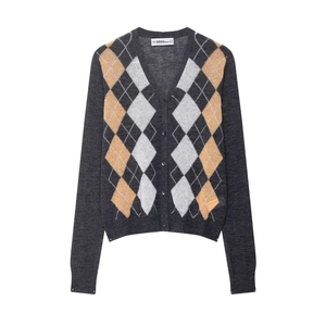 Argyle Pattern Polyester Knit Cardigan V-Neck Button Front Long Sleeve Preppy Casual Sweater Women Tops
