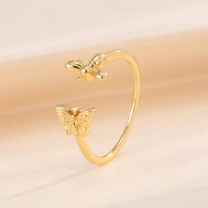 Elegant gold butterfly and bee open ring with adjustable minimalist nature design