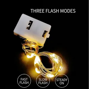 Detail of warm white LED copper wire fairy lights with a 3-mode battery power box