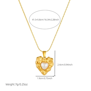 Lava textured heart pearl necklace in gold plated stainless steel with size dimensions