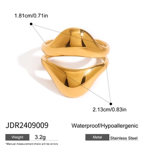 Detail view of wave-shaped stainless steel gold ring with dimensions and features