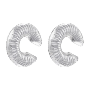 Macro detail of silver C-shape ear cuffs with textured vertical scalloped ribbing