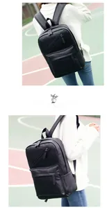 Detail of matte black PU leather backpack showing side view and textured exterior pocket