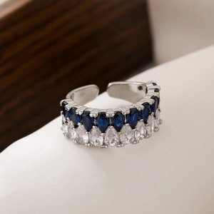 Dual-layer 18K gold-plated open ring featuring blue and clear teardrop-shaped zircons