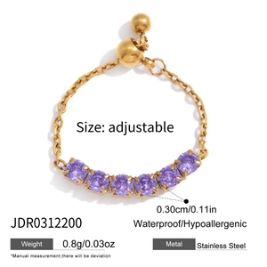 Detail of adjustable stainless steel chain ring featuring five purple zircon stones