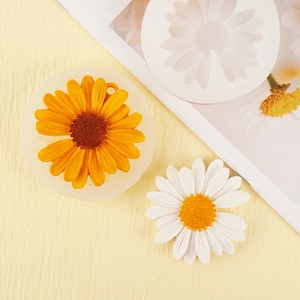 Daisy silicone mold set for soap and resin with finished orange and white floral crafts