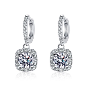 Classic moissanite S925 silver square dangle earrings with halo diamond setting