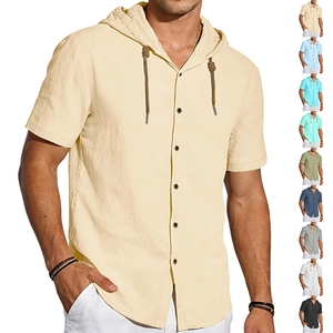 Detail of a short-sleeved hooded linen shirt with buttons and adjustable drawstrings