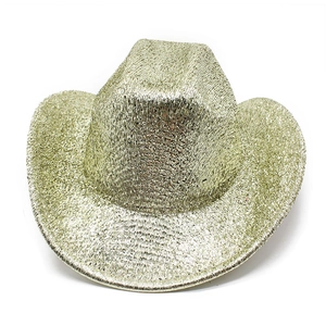 Detail shot of the golden woven texture and metallic finish on this western cowboy hat