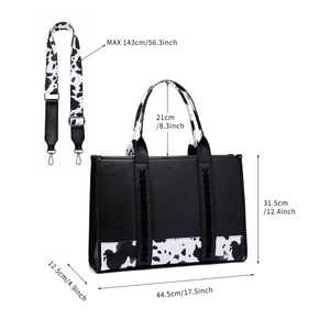 Detailed size chart of a large cotton linen tote bag with cow print and long strap